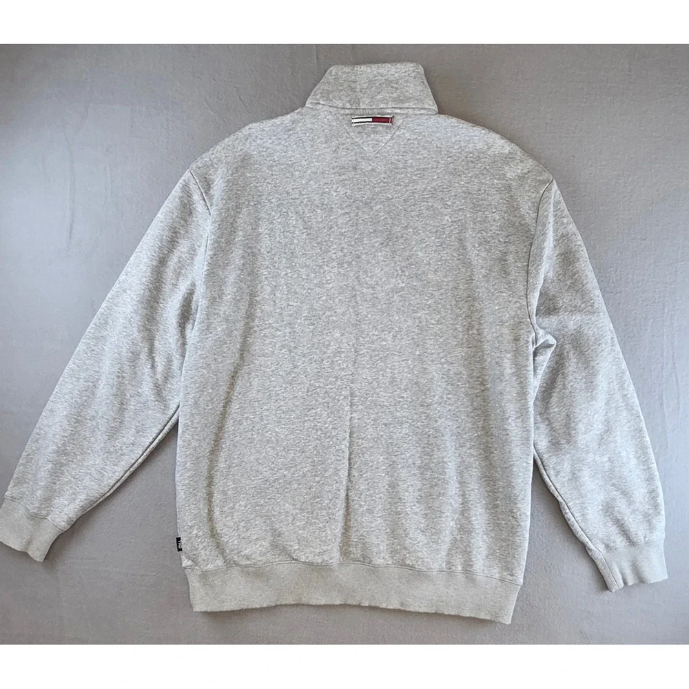Tommy Hilfiger Mens XXL Quarter Zip Sweatshirt Gray Plaid Logo Spellout Pullover